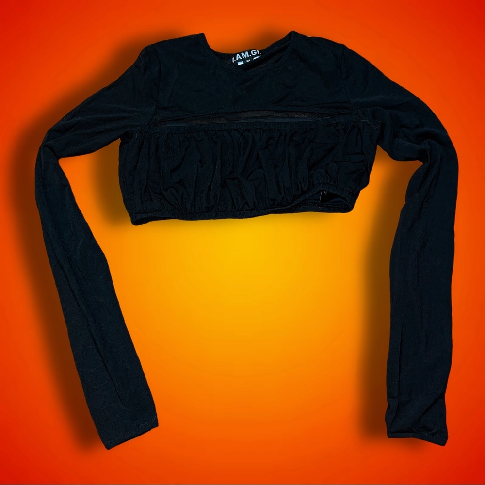 BRAND NEW I.AM.GIA LONG SLEEVE BLACK MESH CUTOUT CROP “ANYA” TOP